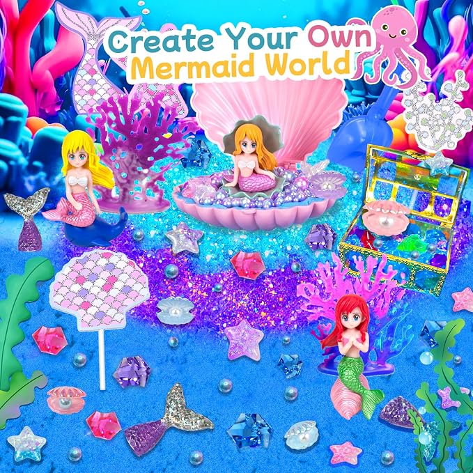 Mermaid Sensory Bin, Sandbox Play Sand Art Kit for Girls Boys 3 4 5 6 7 8 | Sensory Bin with Sandbox & Accessories & Tools & Colorful Sea Shell Gems Toys Set, Indoor Outdoor Pretend Play Beach Toy