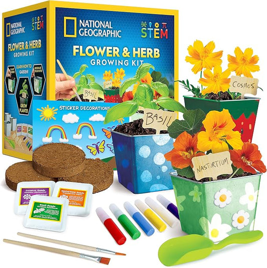 National Geographic Flower and Herb Gardening Activity Kit for Kids | 3 Stainless Steel Pots, Paint and Stickers, Flower and Herb Seeds, Plant Growing, Outdoor Learning, Craft Activity
