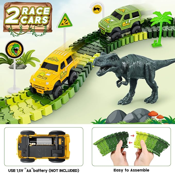 Dinosaur Tracks, 271 PCS Create A Dinosaur World Road Race Kids Boys Toys | Flexible Train Tracks Set with 2 Cool Race Cars, Dinosaur Toys for Age 3 4 5 6 7 8 Year & Up Old Boys Girls Best Gift