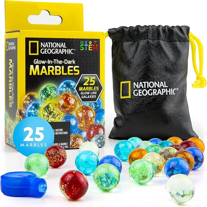 National Geographic Glow in the Dark Marble Run Refill with 25 Marbles | 25 Glow in the Dark Glass Marbles, UV Light, Storage Pouch, Marble Run Refill, Building Toy Expansion