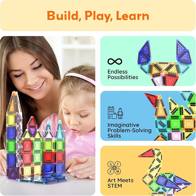 PicassoTiles 40 PCS Mini Magnetic Tiles Travel Toy Educational Building Set | BPA-free plastic construction, age 3+ STEM learning, hand-eye coordination, compact storage box, portable geometric blocks