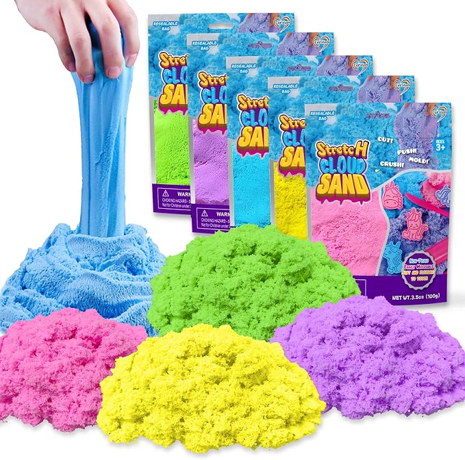 Carolart Stretchy Sensory Sand, Soft Cloud Sand, Play Sand Refill for Kids | Soft Clay Texture Moldable Sand toys for kids, Mess-free sensory play set with 5 colors, sensory bin filler for kids ages 3+