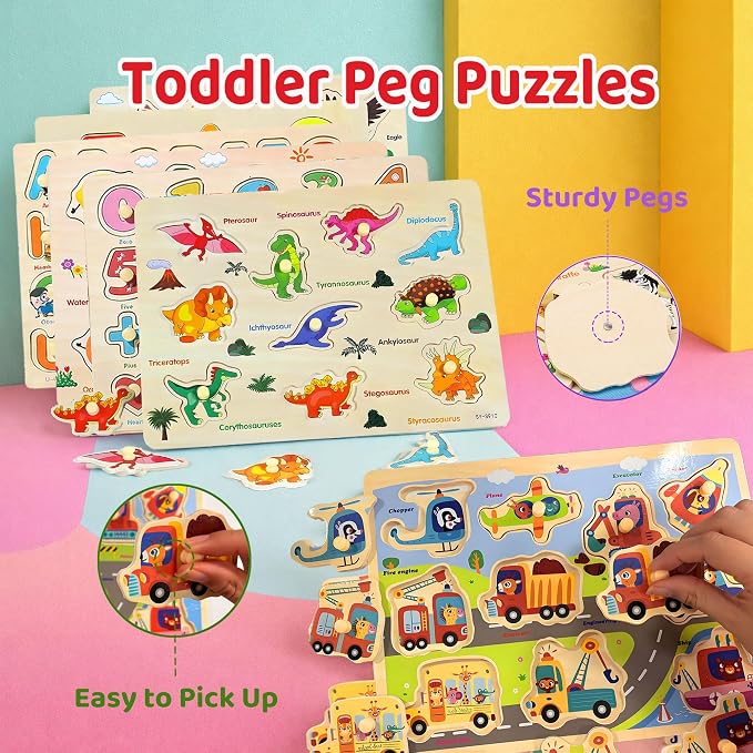 Wooden Peg Puzzles for Toddlers 1-3 – 6 Pack Toddler Puzzles, Preschool Educational Learning Puzzle Toys for Kids, Alphabet, Number, Shapes, Christmas Birthday Gifts for Boys, Girls