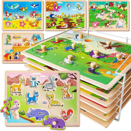 SYNARRY Wooden Puzzles for Toddlers 1-3, 6XSET Animals Puzzles for Toddlers 2-4 with Rack, Toddler Puzzles Ages 2-4, Kids Learning Educational Montessori Toys, Education Toys for 2 3 Years Boys Girls