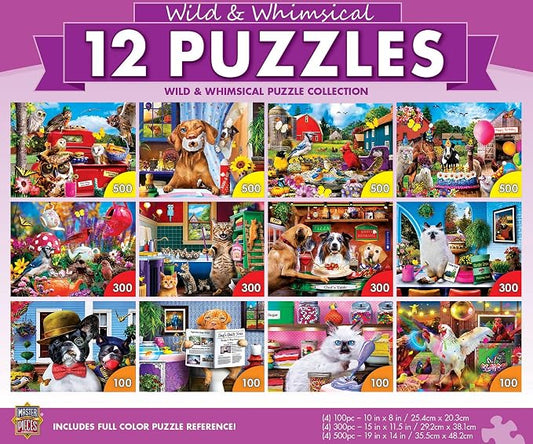 MasterPieces – Jigsaw Puzzle 12-Pack Bundle Set, Fun for Adults and Family, Wild & Whimsical Collection, (4) Round 100 Piece, (4) 300 Piece, (4) 500 Piece