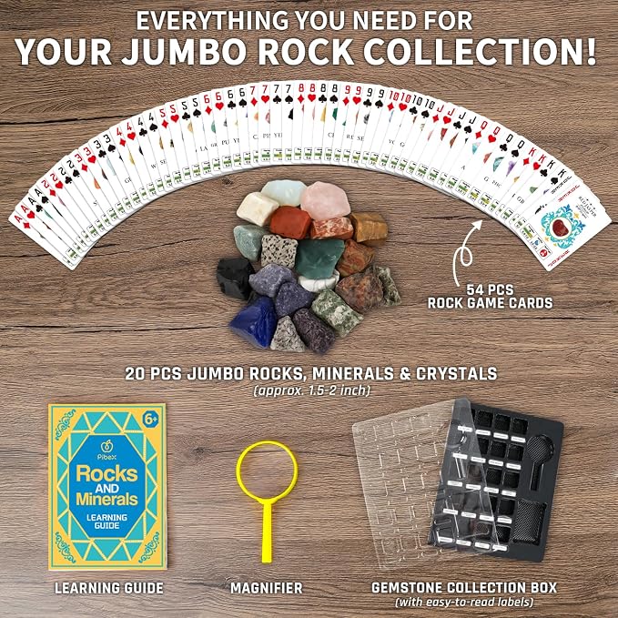 PIBEX Rock Collection Jumbo Kit, 20 Large Raw Rocks & Minerals | Approx. 1.5-2 inch Stone, Collector Box with Name Labels, Magnifier, Game Cards, Learning Book, Geology Gift for Kids Ages 6+