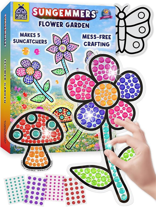 SunGemmers Suncatcher Kit for Kids, Mess-Free Crafts for Kids Ages 4-8 | 5 Designs, Hundreds of Peel & Stick Colorful Gems, Hand-Eye Coordination, Screen-Free Activity, 5 Year Old Girl Birthday Gift