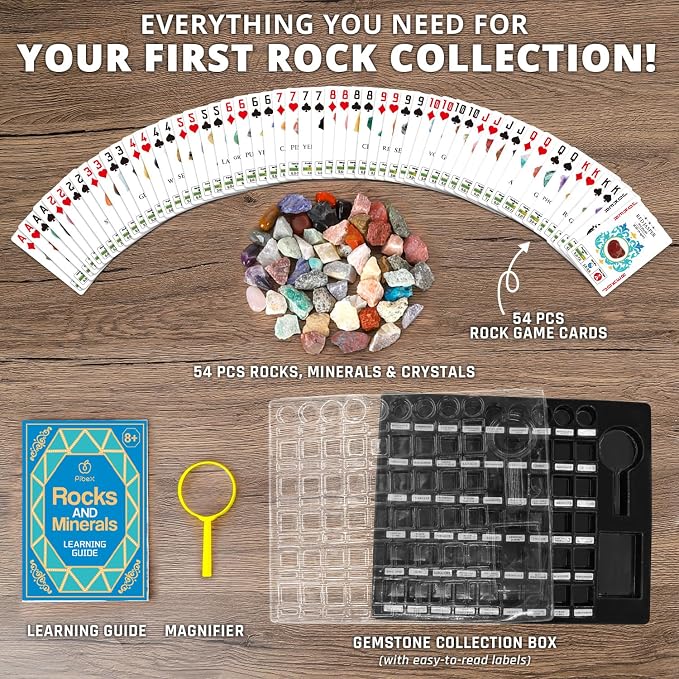 PIBEX Rock Collection Starter Kit, 54 Rocks & Minerals with Name Labels | 9 Polished Gems, 45 Crystals & Stones, Rock ID Cards, Learning Book, Collector Storage Box, Geology Gift for Kids Ages 8+