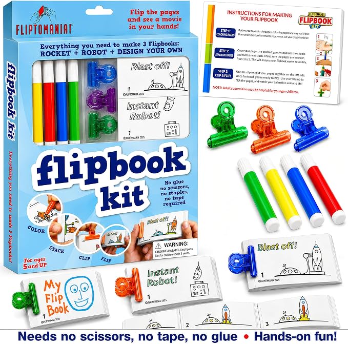 Fliptomania Flipbook Make-Your-Own Flip Book Kit for Kids 3 Pack, Rocket, Robot, & Blank DIY Flipbook Paper, Drawing Kids Arts & Crafts Project Set, Boys and Girls Arts and Crafts for Kids Ages 8-12