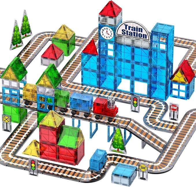 SKTMYY Train Toy Magnetic Tiles for Kids Ages 4-8 with Train Station Tracks | Magnet Building Blocks with Cars Signal Preschool Classroom STEM Montessori Toys Birthday Gifts for Boys Girls Toddler 3-5