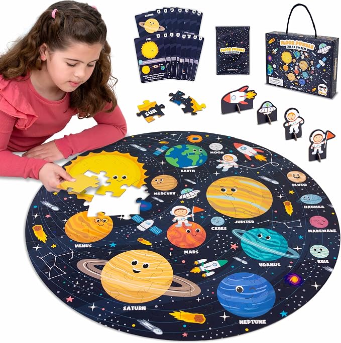 BONNYCO Giant Floor Puzzles for Kids Solar System with 70 Large Pieces. Round Space Puzzle with Planets, 23 x 23 in, 15 Cards, 4 3D Figures, Guide. Learning Gifts, Toys for 4 Year Old Boys | With 15 cards and 4 figures. Round Puzzle 58 x 58 cm, Guide I...