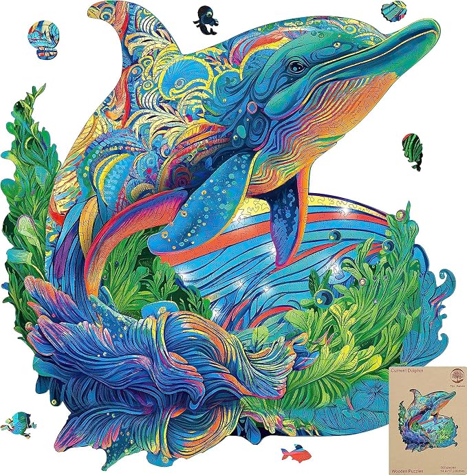 Mys Aurora Wooden Puzzles, Dolphin Jigsaw Puzzles 500 Pieces | Unique Shaped Wooden Puzzles for Adults and Kids, Family Game 17.3 x 14.8 Inch
