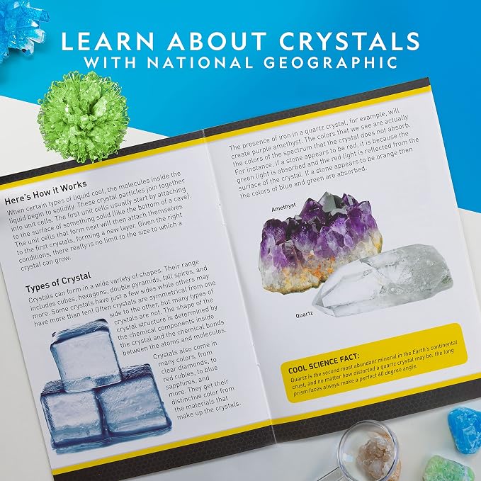 National Geographic Crystal Growing Kit with 3 Crystals for Kids Ages 8-12 | Grow 3 Vibrant Crystals, Light-Up Night Display, 3 Real Gem Specimens, Science Experiment, STEM Learning, Birthday Gift