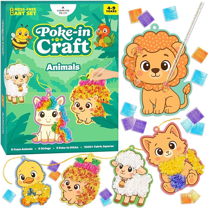 Poke-In Craft Animals, Poke Art for Kids Ages 4-8, Fun Punch Tufting Kit | 9 foam animals, 1000+ 3d fabric squares, non-messy beginner kit, preschool learning activity, poking easter craft