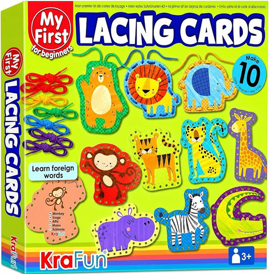 KRAFUN Safari Animal Lacing Cards Age 3+ | 10 Projects (Lion, Zebra) | 10 safari cards: Lion, Monkey, Elephant, Tiger, Giraffe, Hippo, Zebra & Bear. Fine motor skills for toddlers