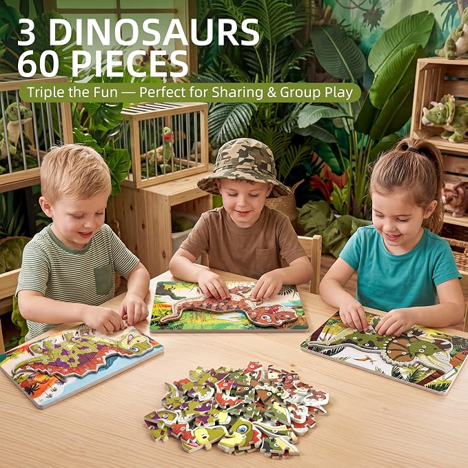 3 Pack 15.7"×8.9" Extra-Large Dinosaur Wooden Puzzle for Toddlers Age 3-5 | XL 3D Wooden Puzzle, Learn Numbers 1-20, Vivid UV Print, Non-Toxic Paint, CPC Certified, T-Rex Stegosaurus Triceratops