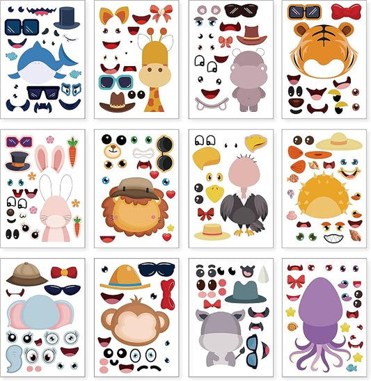 24 Sheets Make a Face Animal Stickers for Kids Party Favors | Make Your Own Animal Stickers Birthday Decorations Supplies, Toddlers Crafts Activities Gifts Goodie Bags Stuffers