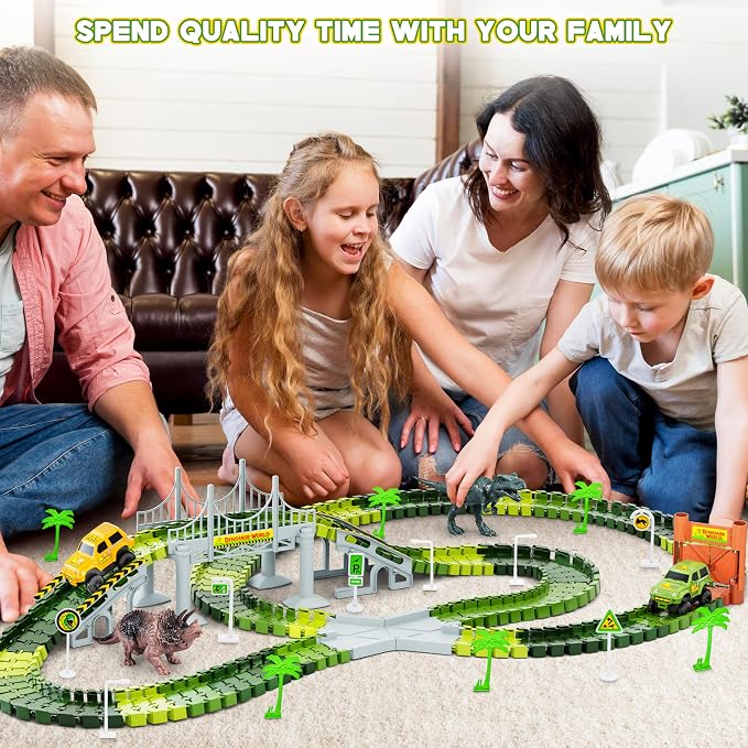 Dinosaur Tracks, 271 PCS Create A Dinosaur World Road Race Kids Boys Toys | Flexible Train Tracks Set with 2 Cool Race Cars, Dinosaur Toys for Age 3 4 5 6 7 8 Year & Up Old Boys Girls Best Gift