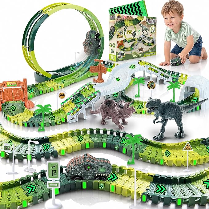 Coroiesty 173 PCS Dinosaur Race Tracks for Kids Toys with 360° Loop Ramp | Glow in The Dark Magic Toy Set, 1 Dino Car Track, 2 Realistic Dinosaurs, Flexible DIY Track Set, Gift for Boys Girls Age 3-9