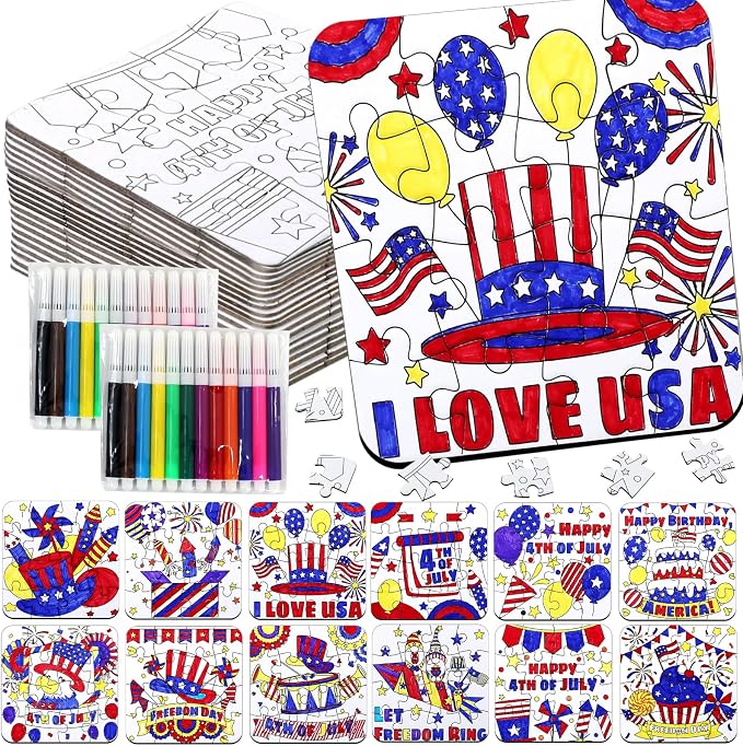 24 Sets 4th of July Patriotic Crafts for Kids, Independence Day Crafts Activities DIY Puzzle Kits Red White Blue Flag Star Memorial Day Jigsaw Painting Arts for Party Favors Gift Supplies Coloring Toy