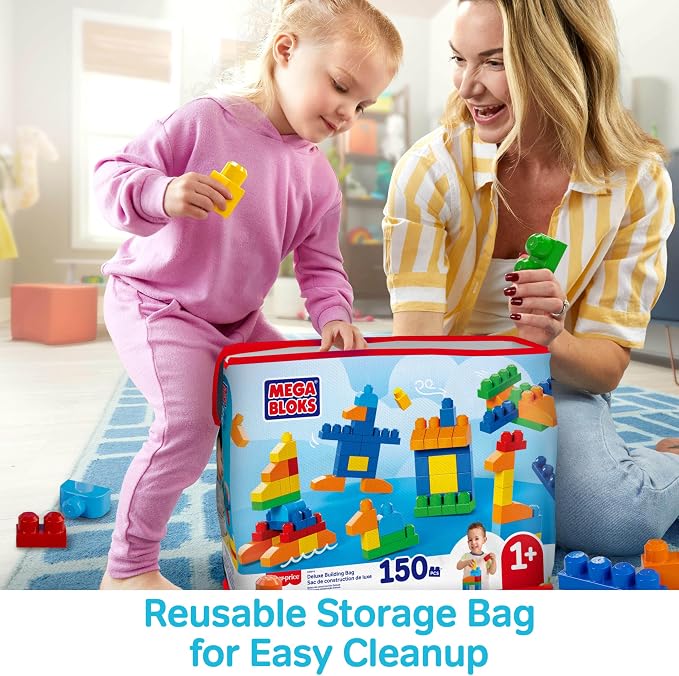 MEGA BLOKS First Builders Deluxe Building Bag Toddler Block Toys Set, Red | 150 Pieces, Storage, Creative Open-Ended Play, Preschool Kids Ages 1+ Years, Easy to Build (Amazon Exclusive)