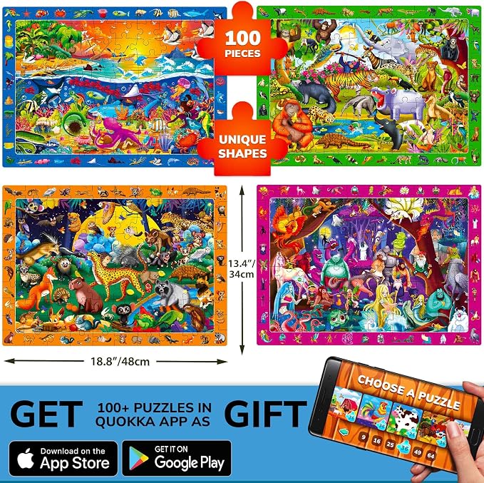 100 Piece Puzzles for Kids Ages 4-6 - 4 Jigsaw Kids Puzzles Ages 4-8 | Search and Find Observational Nocturnal Life - Educational Kids Puzzles Ages 8-10 - Learning Toys for Children 5-8