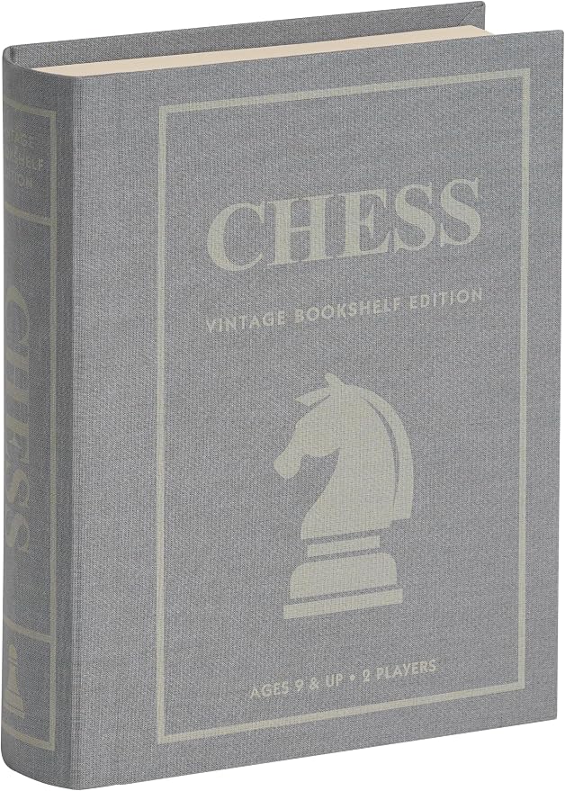 WS Game Company Chess Vintage Bookshelf Edition Board Game with Wood Pieces | Classic 2-Player Strategy Game, Linen-Wrapped Book Box, Integrated Storage, Full-Size Folding Board, Adults and Kids 9 and Up