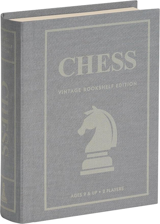 WS Game Company Chess Vintage Bookshelf Edition Board Game with Wood Pieces | Classic 2-Player Strategy Game, Linen-Wrapped Book Box, Integrated Storage, Full-Size Folding Board, Adults and Kids 9 and Up