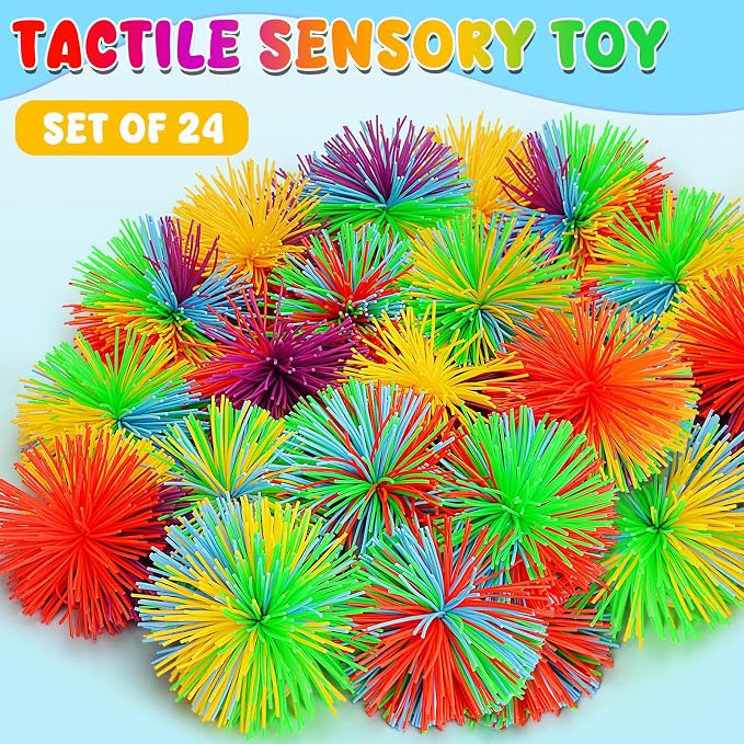 SHQDD 24 PCS Stringy Balls, Sensory Stringy Ball, 2.75 inch Soft Rainbow Pom Bouncy, Basket Stuffers Fillers, Monkey Pom Balls Fidget Toys Stress Ball, Party Favors Birthday Gifts (Multi-Color)