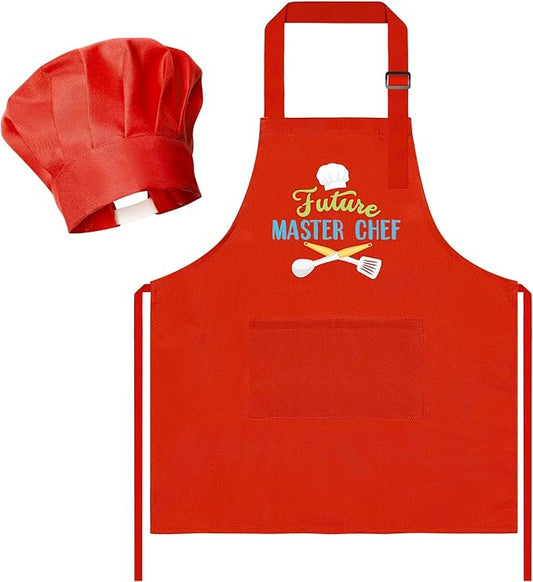 R HORSE 2 Pieces Kid Apron and Chef Hat Set, Dress up Pretend Play Toy | Red Future Master Chef Adjustable Children Kitchen Apron Set, Ideal for Cooking, Baking, Painting, Cooking Birthday Gift