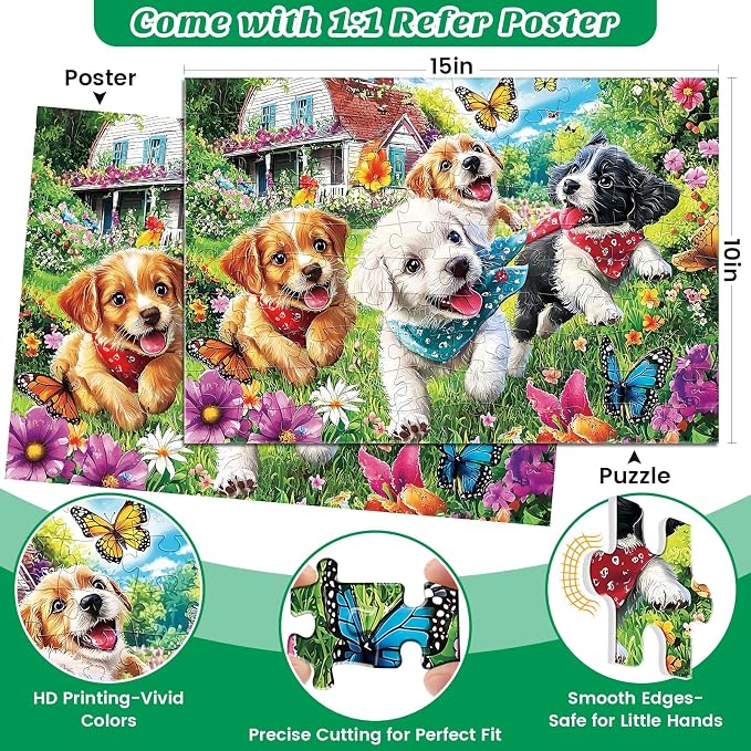 4-Pack 100 Piece Puzzles for Kids Ages 6-8 8-10 - Large Piece Puzzles for Adults Seniors Kids, Dogs Cats Bears Animals Jigsaw Puzzles for Kids Ages 4-6,Learning Educational Toys Gifts for Boys Girls
