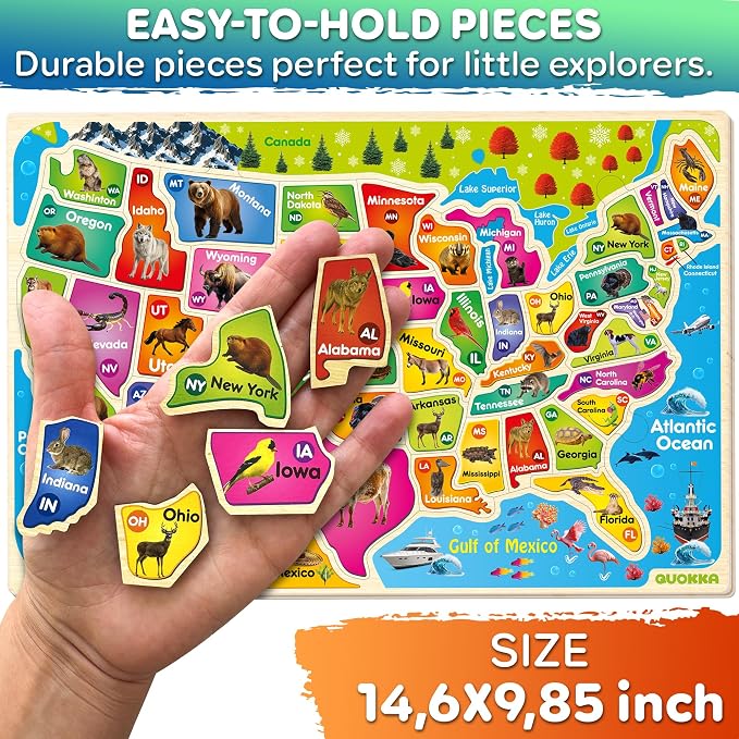 United States Puzzles for Kids Ages 4-6 - Wooden Toddlers Puzzles Ages 3-5 | USA Map Montessori Wood Educational Puzzles for Toddlers 2-4 - Realistic Geography Learning Kids Puzzles for Ages 6-8