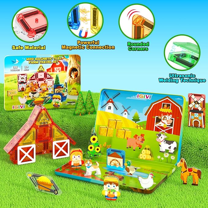 Mini Magnetic Tiles Farm Travel Set, Magnet Building Blocks for Toddlers, STEM Travel Toys with Metal Storage Box, Christmas Birthdays Gifts for Kids Ages 3+