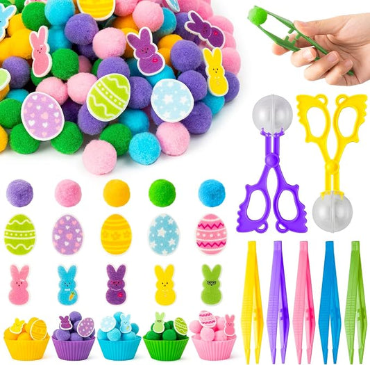EZdhuawuse Summer Sensory Bin Fillers Toys for Kids - 268 Summer Egg Bunny Fine Motor Toys Birthday Gift, Counting Sorting Toys with Felt Egg Rabbit Pom Pom Cup Clips, Preschool Learning Activitie