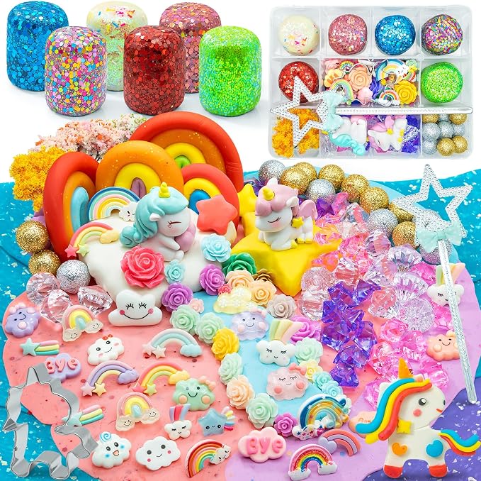 SIMPLIPLAY Unicorn Sensory Dough Kit, 6PCS 18oz Glitter Doughs | Non-Toxic Colorful Sensory Dough with Accessories(120 Pcs+) for Girls with Cutter, Unicorn Toys, Improve Fine Motor Skills