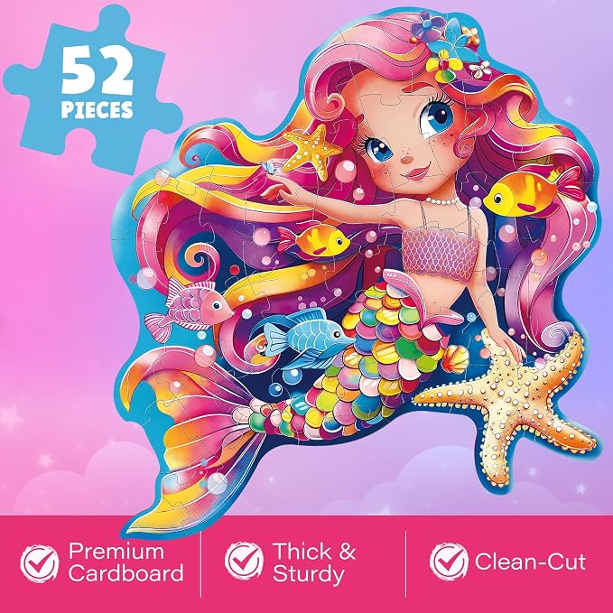 BenBen Floor Puzzle for Kids Ages 3-8, Mermaid Shaped Large Piece Puzzles | 52 Pieces Extra-Thick Jumbo Jigsaw Puzzle for Toddlers Ages 4-6, Preschool Educational Toys with Storage Box for Girls Boys