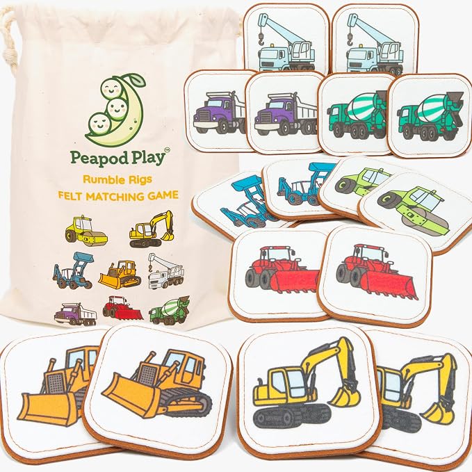 Felt Construction Matching Game for Toddlers – Truck Memory Game & Flash Cards – Soft and Safe for Ages 1+ – Montessori Preschool Learning Activity – Educational Construction Toy for Boys & Girls
