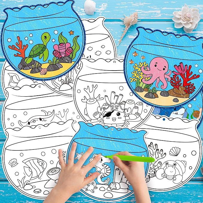 ANGOLIO Summer Fishbowl Craft Kits - 83Pcs DIY Coloring Sea Animal Ornament | Ocean Themed Paper Ornament Set, Ocean Fish Coloring Activities, Classroom Reward Party Favors, Hanging Décor For Kids Room