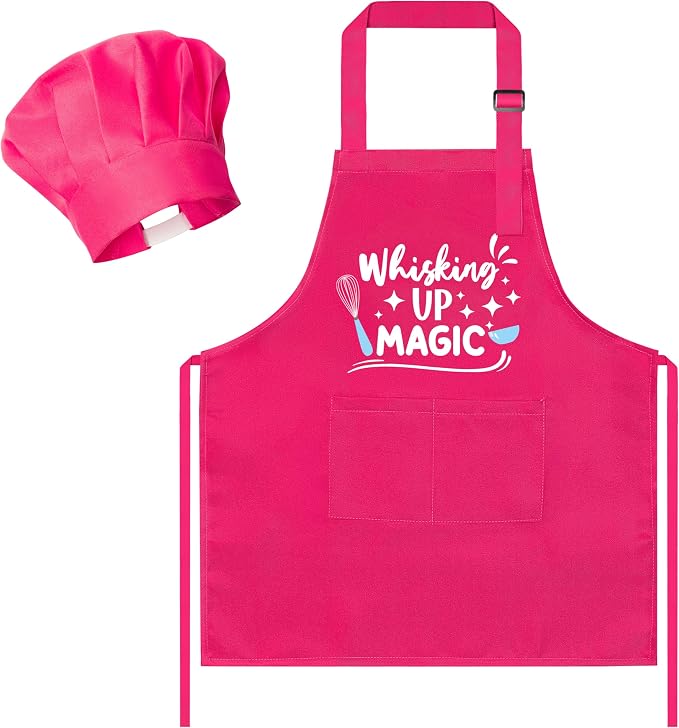 R HORSE Kid Apron and Chef Hat Set 2Pcs Adjustable Rose Pink Children Kitchen Apron, Waterproof Dress up Role Play Chef Toy Funny Cooking Baking Painting and Training Kits for Kids Birthday Party Gift