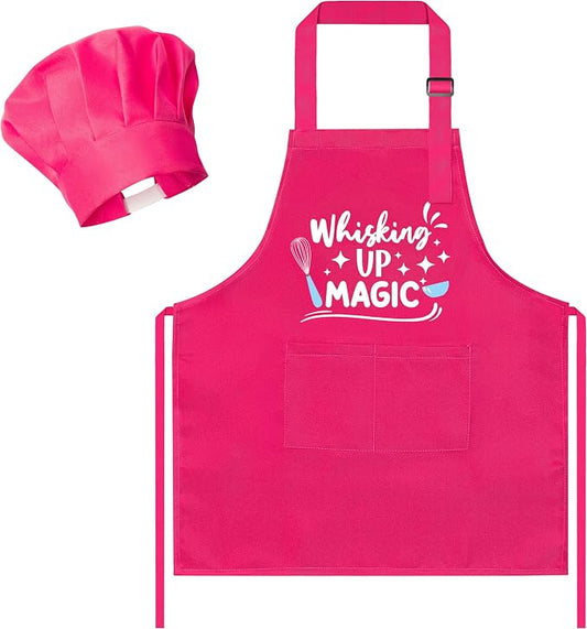 R HORSE Kid Apron and Chef Hat Set 2Pcs Adjustable Rose Pink Children Kitchen Apron, Waterproof Dress up Role Play Chef Toy Funny Cooking Baking Painting and Training Kits for Kids Birthday Party Gift