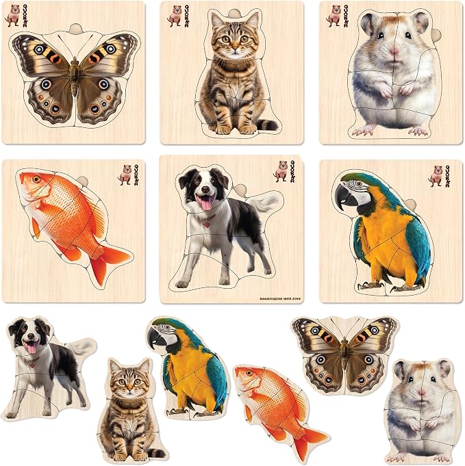 Wooden Puzzles for Toddlers 1-3 - 6 Montessori Kids Puzzles Ages 2-4 | Realistic Toddler Puzzles 15x15 Inches — Birds, Animals, Fish and Butterfly — Educational Motor Skills Toys