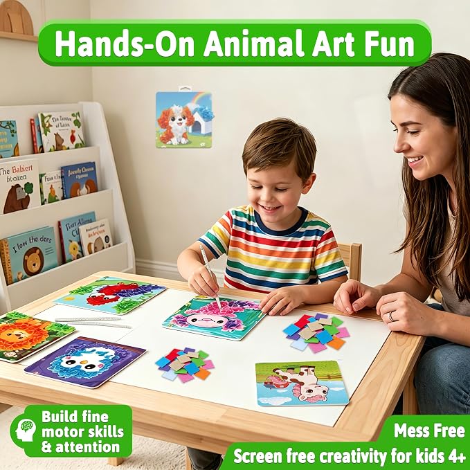 AGENTLAN Animal Poke Art Kit,Mess-Free Crafts for Kids Ages 3-8 | 6 poke in animal designs, 3D Art, no glue, no mess, screen-free activity, travel craft