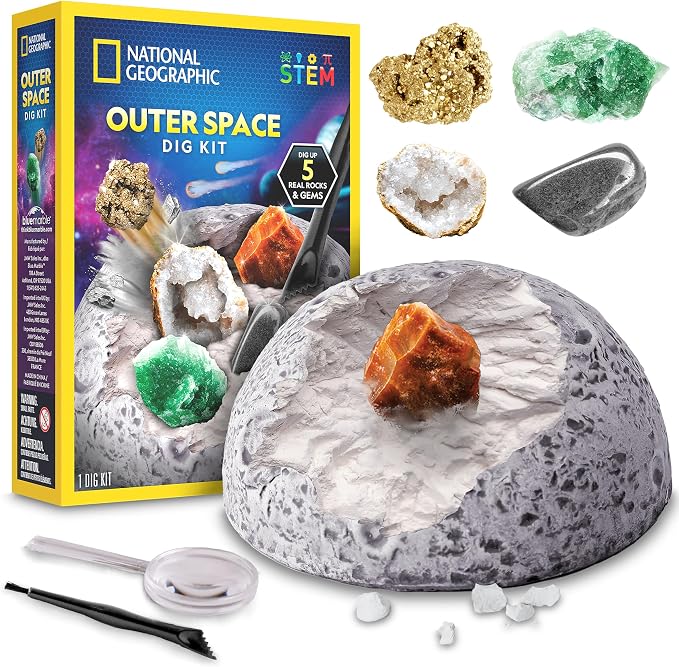 National Geographic Outer Space Gemstone Dig Kit with 5 Real Specimens | 5 Real Rocks and Gemstones, Space-Themed Dig Brick, Excavation Tools, Magnifying Glass, STEM Activity, Birthday Gift