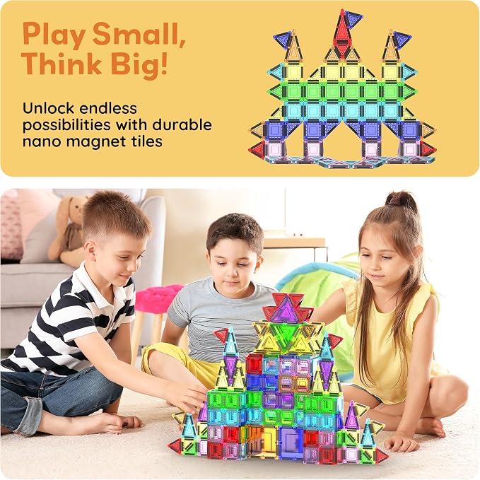 PicassoTiles 100PC Travel Nano Magnetic Tiles Construction Building Blocks Toy with Storage Case Educational STEM Learning Build Kit 3D Magnet Tile Stacking Block Toys for Kids Boys Girls Ages 3+ PN04