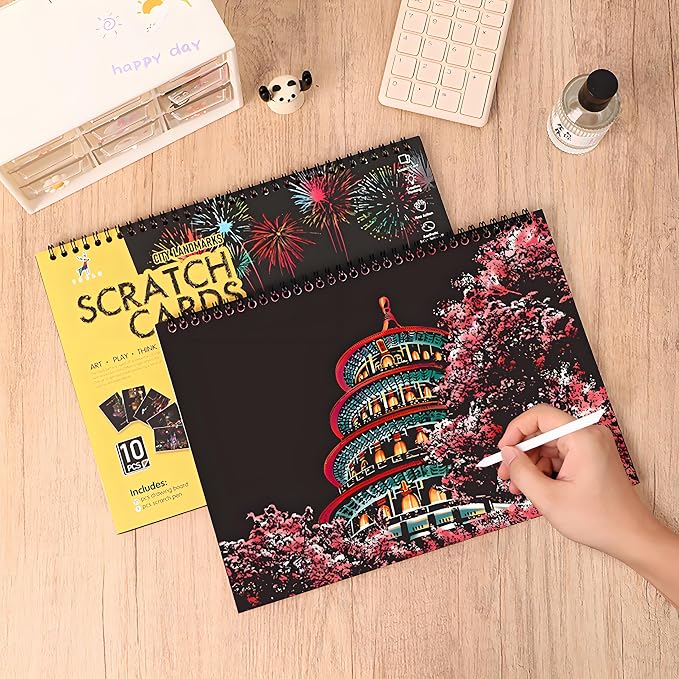 10 Pcs Scratch Art Book for Adults Teens, Rainbow Cityscape Craft DIY Kit | DIY Colorful City Series Painting Paper, ASMR Stress-Relief Engraving Kit Scratchboard, DIY Sketch Card Creative Craft