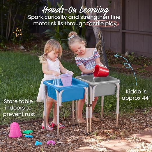ECR4Kids 2-Station Sand and Water Adjustable Play Table, Sensory Bins, Grey/French Blue | Durable plastic/steel, GREENGUARD Gold Certified, 3-5 years, 80 lb capacity, adjustable legs, easy-lift lids, indoor/outdoor