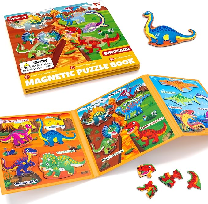SYNARRY Magnetic Dinosaur Puzzles for Toddlers 3-5, Travel Toys for Kids | with Storage Bag Car Airplane Road Trip Activities Easy to Store Screen-Free Calm-Down Tool Tough Safe Materials Kids Gifts