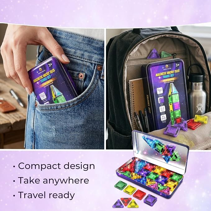 Desire Deluxe Micro Magnetic Tiles Building Blocks Toy - STEM Educational Travel Size Magnetic Blocks for Kids 3+YO, Learning Sensory Montessori Toddler 3+YO Magnetic Toys (Not Glitter, 28pc)