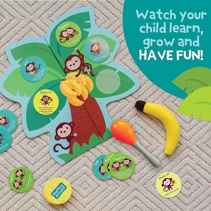 Peaceable Kingdom Deluxe Monkey Around First Game for Toddlers | Deluxe active first game for toddlers—dance and play with beanbag banana and maraca. Cooperative bonding, ages 2+
