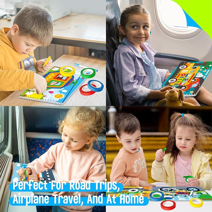SpriteGru Tape Activity Book, 30 Dry Erase Vehicle Patterns and 4 Colorful Tapes, Reusable & Erasable Pages and Easy-Tear Tapes, Fun and Creative Game Pad for Road Trip, Travel, At Home